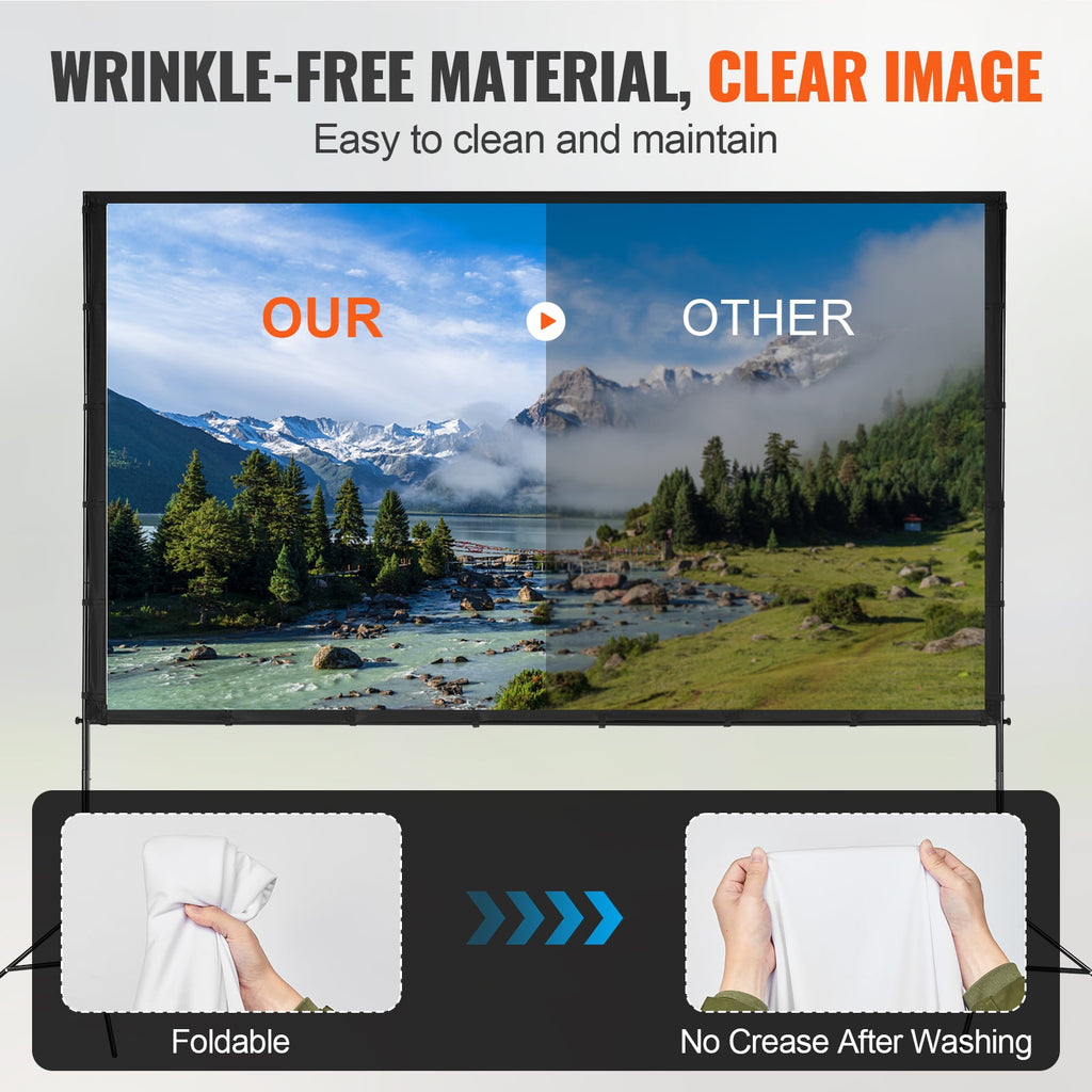 KFFKFF 100" Portable Projector Screen with Stand, 16:9, HD, 4K, Movie Screen Featuring Wrinkle-Resistant Design, for Indoor and Outdoor Use.