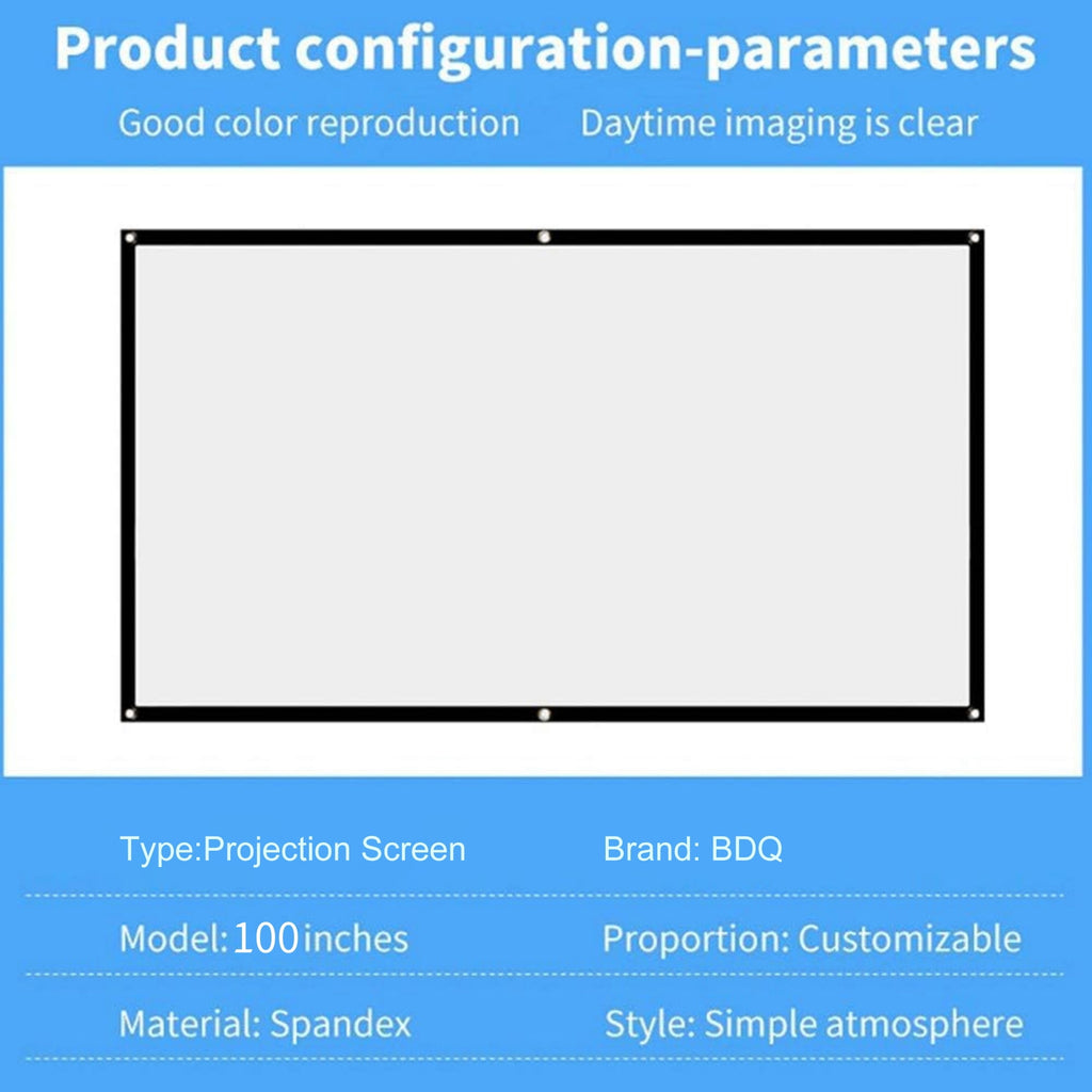 BDQ Projector Screen 100-Inch, 16:9, Front & Rear Projection, Portable Wrinkle-Free.