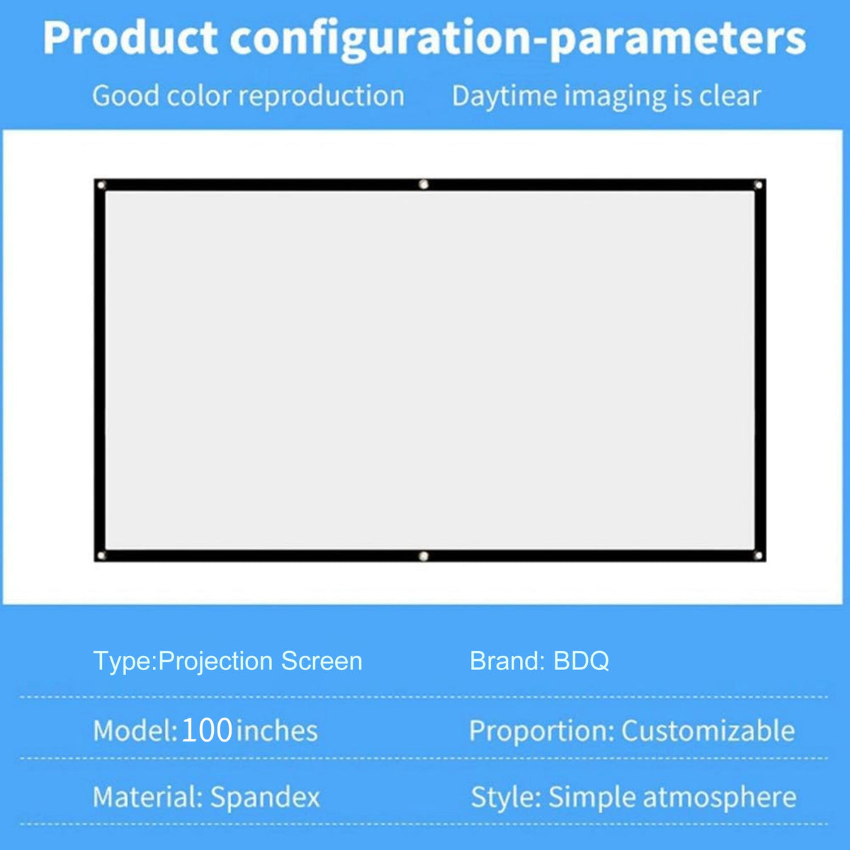BDQ Projector Screen 100-Inch, 16:9, Front & Rear Projection, Portable Wrinkle-Free.