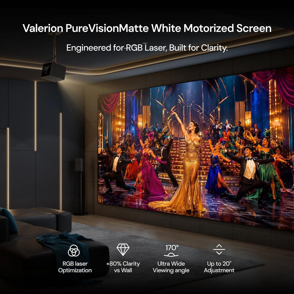 Valerion 100" PureVision Fixed Frame Projector Screen, PET Matte White, 4K/8K UHD Ready, 1.0 Gain, UST & Long Throw Compatible