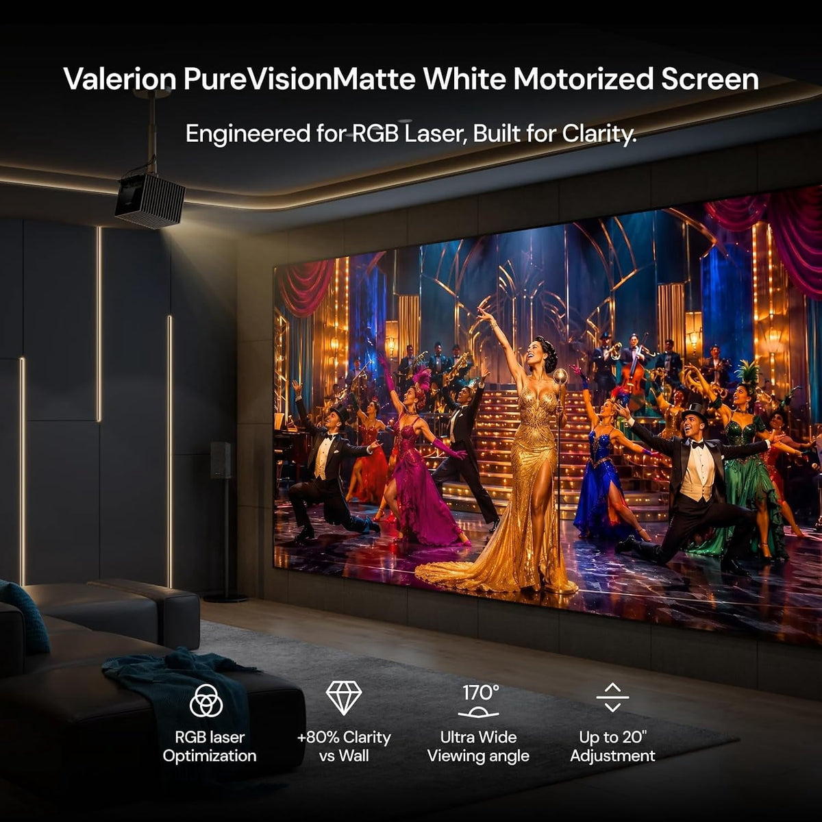 Valerion 100" PureVision Fixed Frame Projector Screen, PET Matte White, 4K/8K UHD Ready, 1.0 Gain, UST & Long Throw Compatible