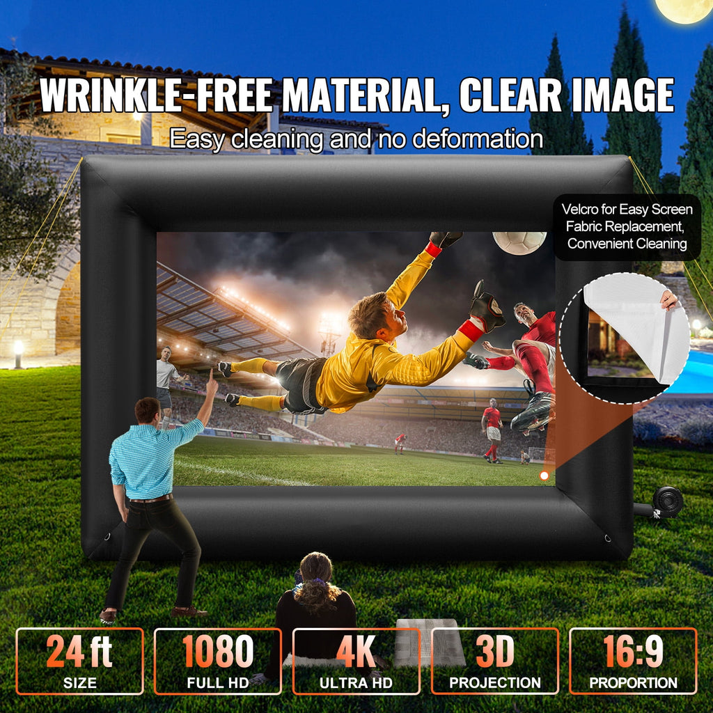 KFFKFF 24FT Inflatable Projection Screen with 360W Air Pump, Durable Oxford Cloth Inflatable Display for Open-Air Films, Compatible with Front/Rear Projection