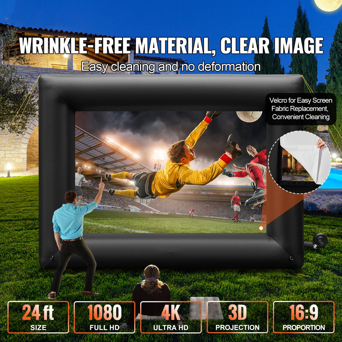 KFFKFF 24FT Inflatable Projection Screen with 360W Air Pump, Durable Oxford Cloth Inflatable Display for Open-Air Films, Compatible with Front/Rear Projection