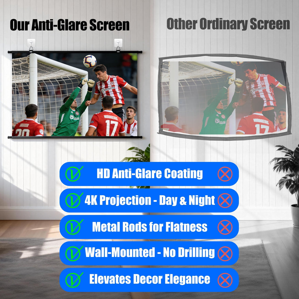 XIAOHUI 100 inch Projector Screen, Portable Movie Projector Screen for Outdoor Indoor with 3 pcs Adhesive Hook, 4K Hanging Projection Screen for Room Wall, No Drilling, Anti-Glare Coating , 16:9 HD