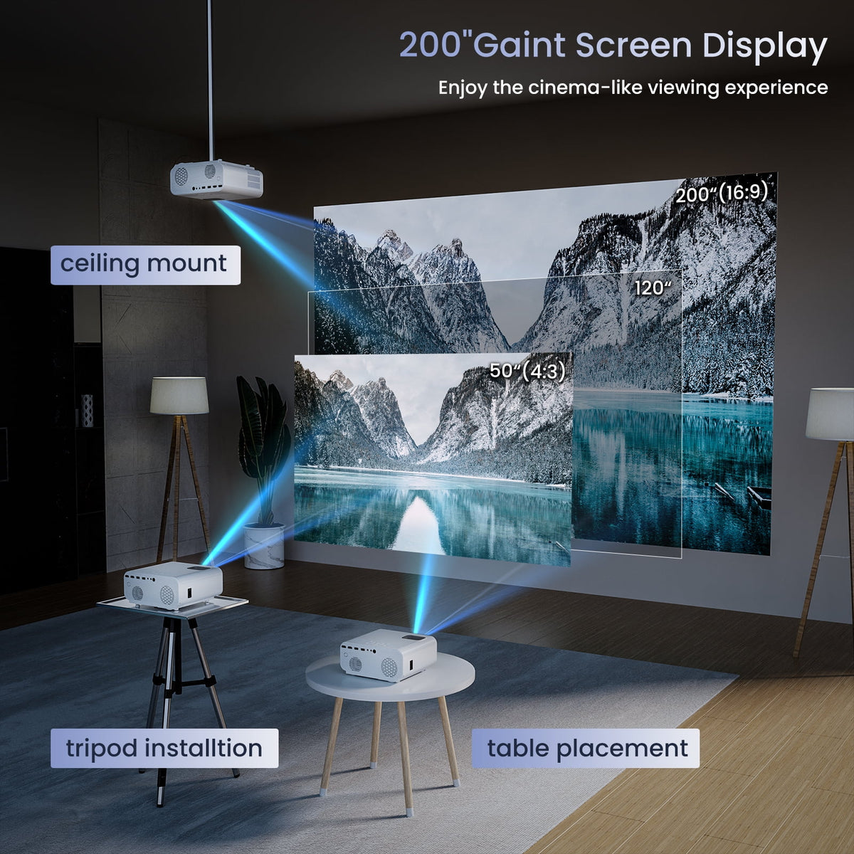 AUOSHI Mini Projector with WiFi and Bluetooth, Native 1080P Portable Projector 4K Supported, 15000 Lumens Movie Projector with Speaker, 50% Zoom, Keystone, Outdoor Projector for Home Theater, Camping