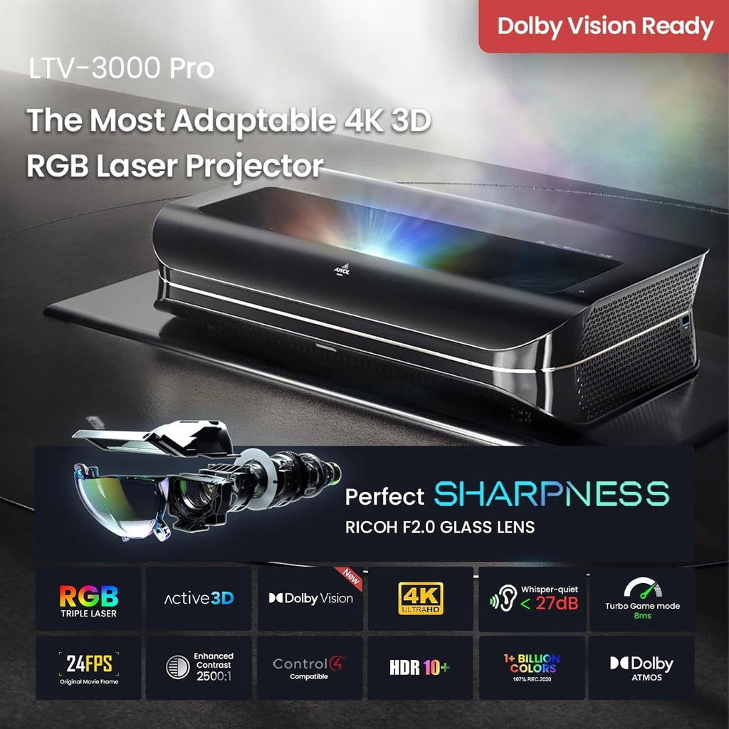 Restored AWOL Vision LTV-3000 Pro 4K Ultra Short Throw Triple Laser Projector, 0.25:1 Ratio