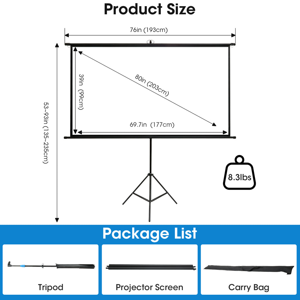 SCREENMAX Outdoor Projector Screen with Stand, 80 inch 16:9 4K HD Wrinkle-Free and Foldable Projection Screens for Outdoor Indoor