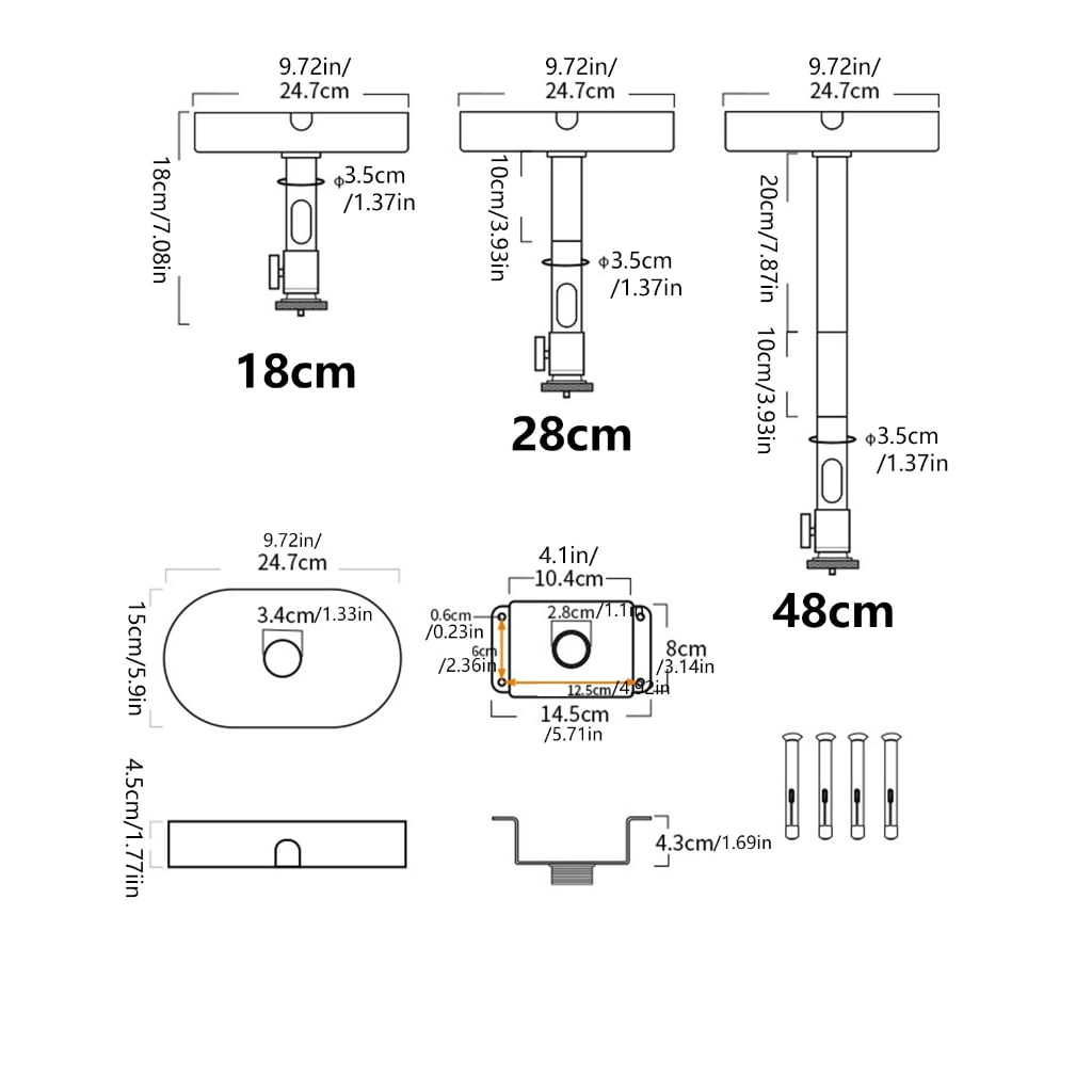 PatungKu Metal Projectors Ceiling Mount 1/4 Thread Wide Compatibility Retractable Arms and Multiple Adjustment Projectors Stand