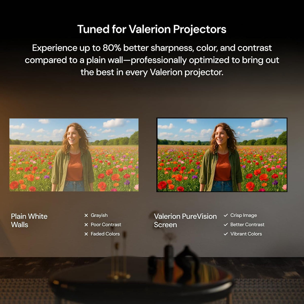 Valerion 100" PureVision Fixed Frame Projector Screen, PET Matte White, 4K/8K UHD Ready, 1.0 Gain, UST & Long Throw Compatible