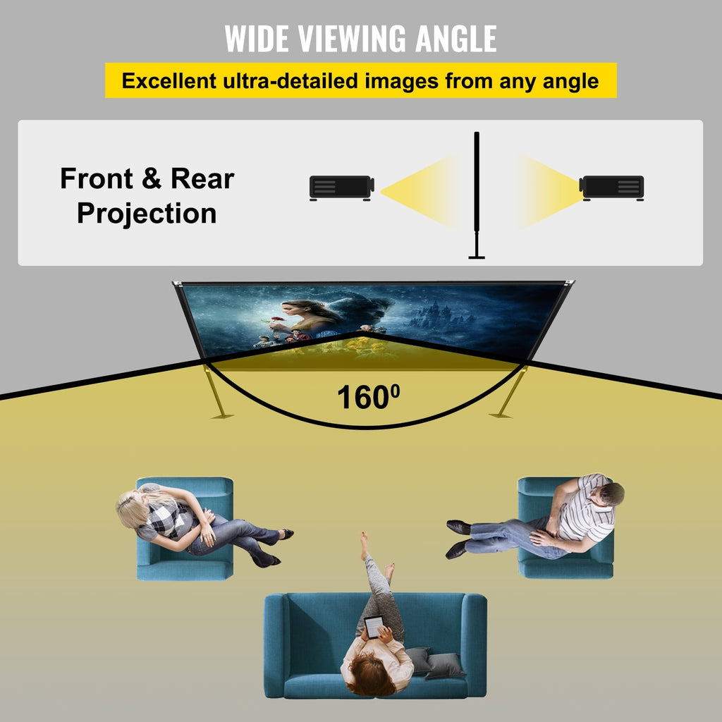 KFFKFF Outdoor Movie Screen w/ Stand, 150" Portable Movie Screen, 16:9 HD Wide Angle Outdoor Projector Screen, Front & Rear Projection,