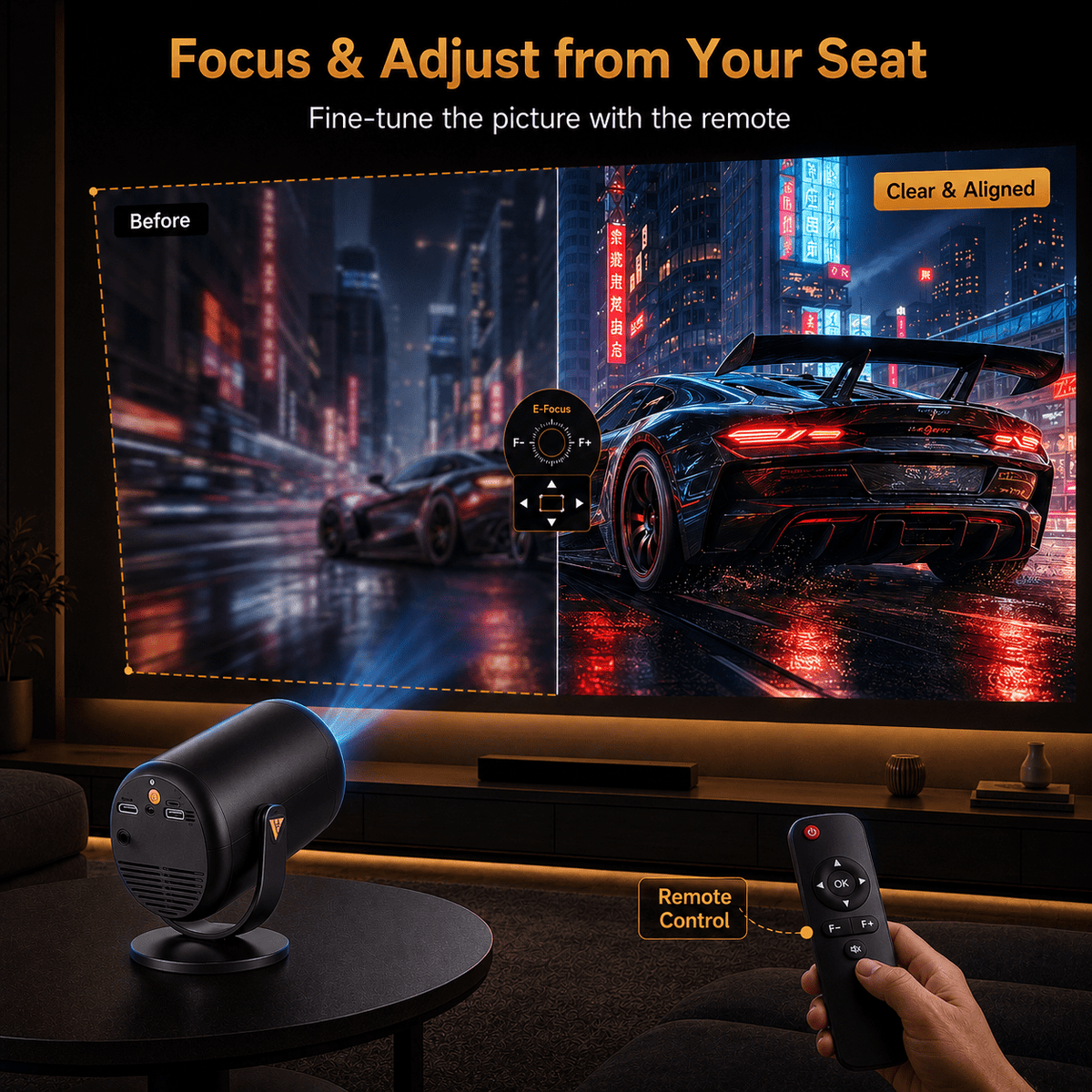 Mini Projector with WiFi and Bluetooth, Native 1080P Portable Movie Projector, Auto Keystone, 180 Degree Rotating Stand, HDMI USB Type-C for TV Stick, Black Orange, Vamvo