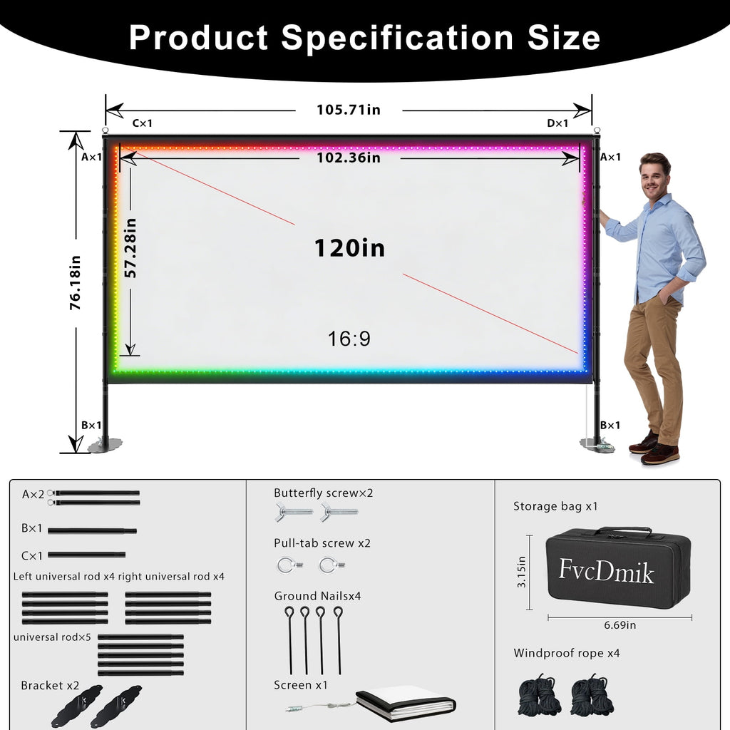 120 inch Outdoor Projection Screen with Stand, Smart RGB LED Strip Light, 4K 16:9 Wrinkle Wind Resistant Movie Screen, Foldable Portable Projector Screen for Backyard Camping Home Theater