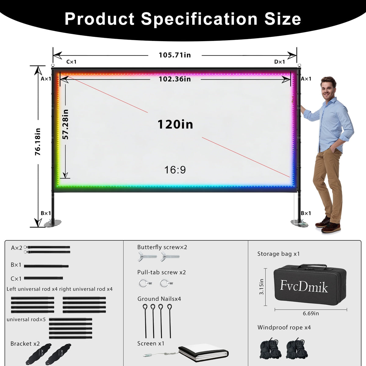 120 inch Outdoor Projection Screen with Stand, Smart RGB LED Strip Light, 4K 16:9 Wrinkle Wind Resistant Movie Screen, Foldable Portable Projector Screen for Backyard Camping Home Theater