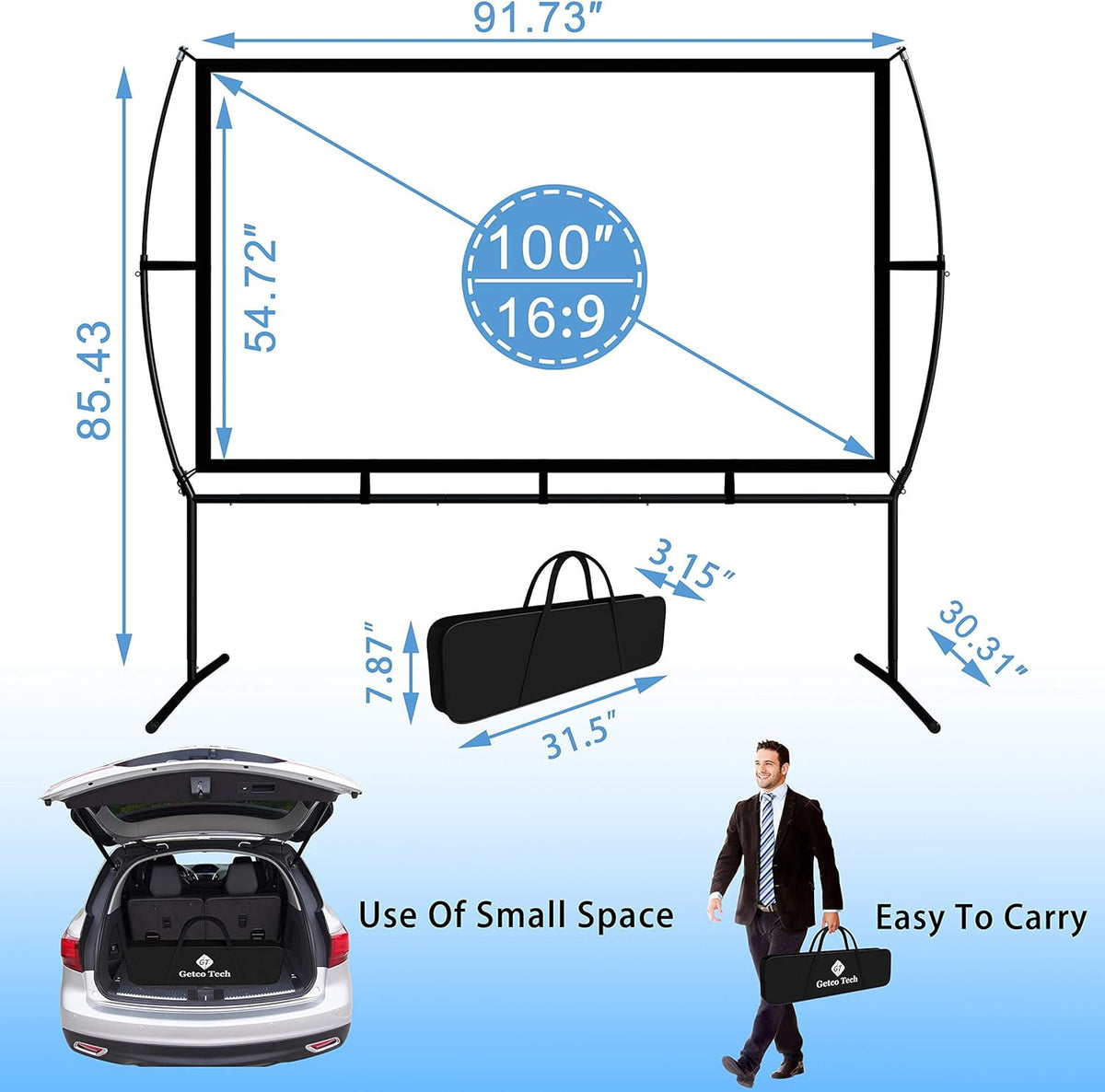 Projector Screen with Stand Foldable Portable Movie Screen 120 Inch, HD 4K Double Sided Projection Screen Indoor Outdoor Projector Movies Screen for Home Theater,16:9