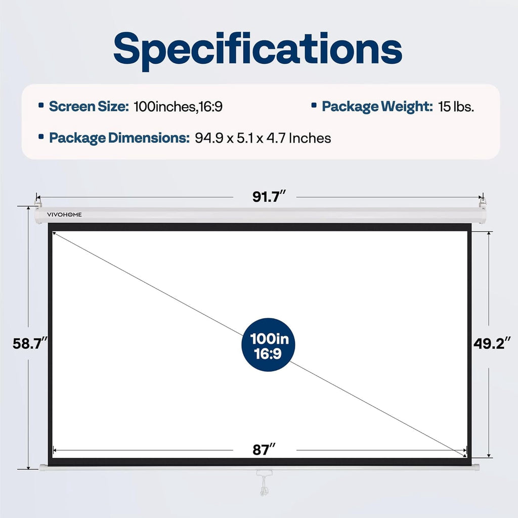 SPECSTAR 80 inch Manual Pull Down Projector Screen, 16:9 HD Retractable Projector Screens for Movie Home Theater Cinema Office Video Game, Black