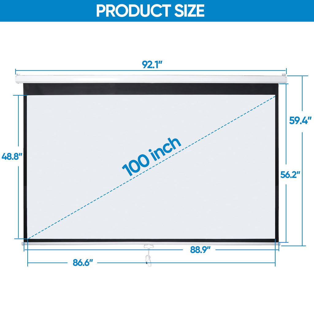 ZENY 100" Diagonal 16:9 Projection Projector Screen HD Manual Pull Down Home Theater