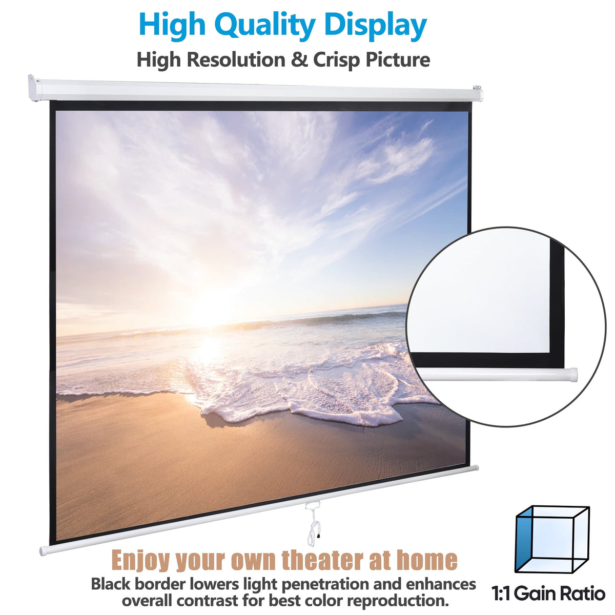 ZENSTYLE 119" Manual Pull Down Projector Screen 84 x 84" 1:1 HD Home Portable Theater