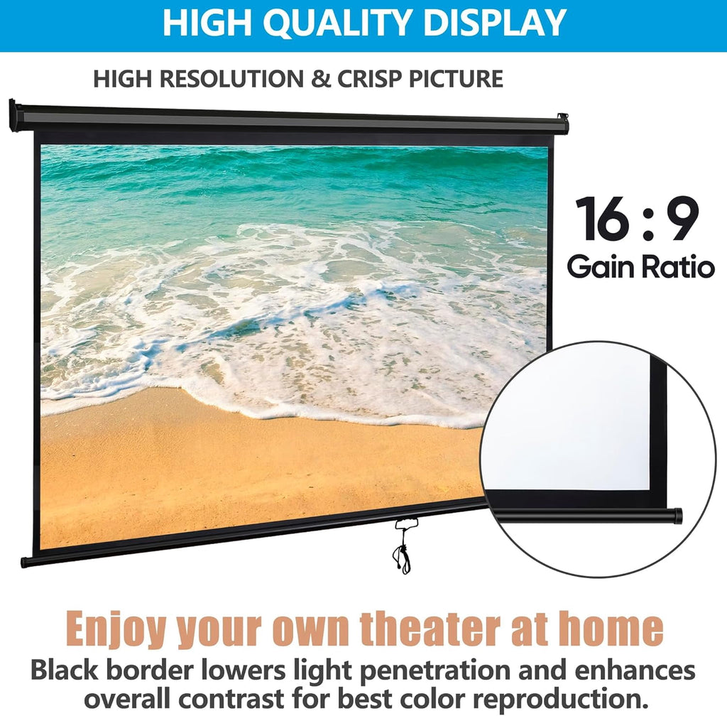 80'' 16:9 HD Projection Screen Foldable Anti-Crease Portable Projector Movie Screen Manual Pull Down for Home Theater Presentation Education Outdoor Indoor Public Display, Black