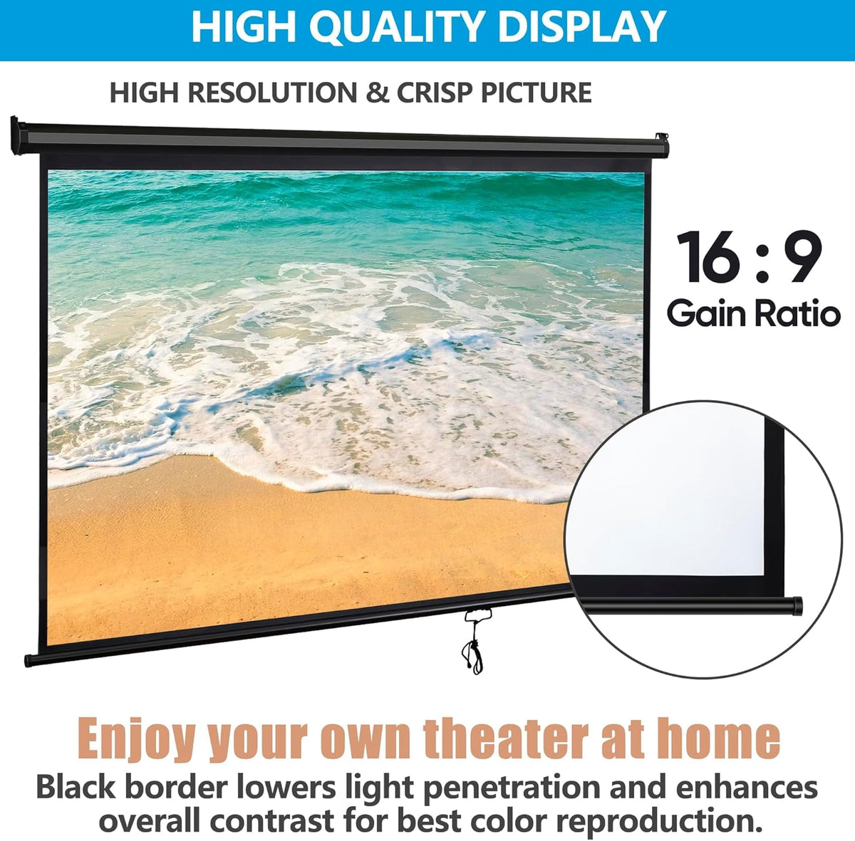 80'' 16:9 HD Projection Screen Foldable Anti-Crease Portable Projector Movie Screen Manual Pull Down for Home Theater Presentation Education Outdoor Indoor Public Display, Black