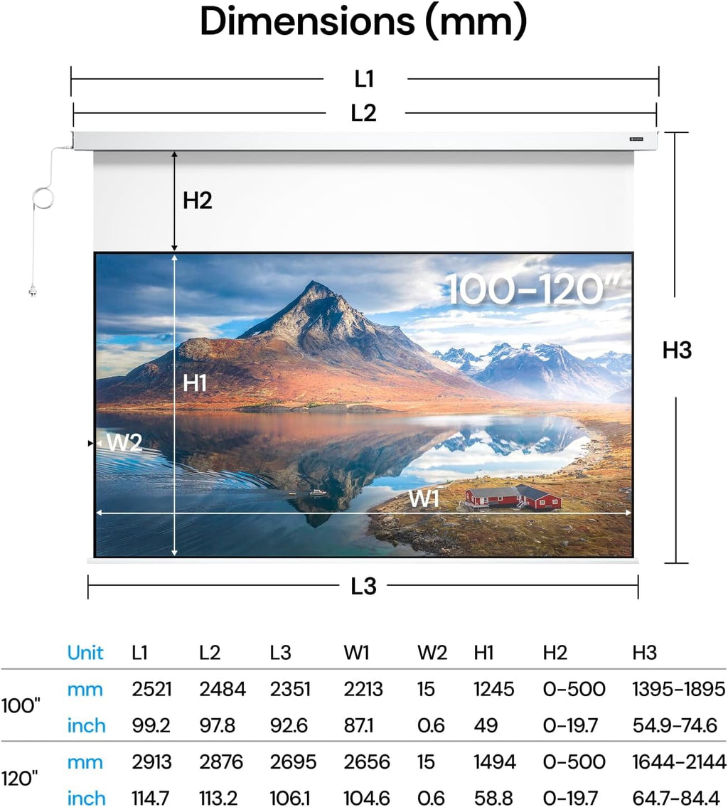 Valerion PureVision Motorized Projector Screen, 4K/8K UHD Ready, 20" Adjustable Drop, Black Backing, Long Throw Only