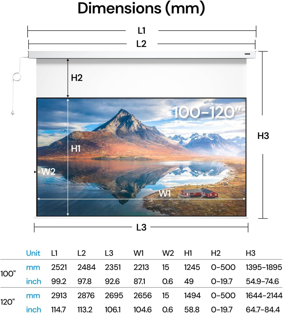 Valerion PureVision Motorized Projector Screen, 4K/8K UHD Ready, 20" Adjustable Drop, Black Backing, Long Throw Only