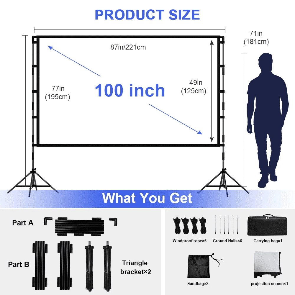 HVKDIEB 100 inch Projector Screen with Stand,16:9 4K 3D Indoor Outdoor Movie Screen,Wrinkle Resistant,Suitable for Home Theater Movies Night