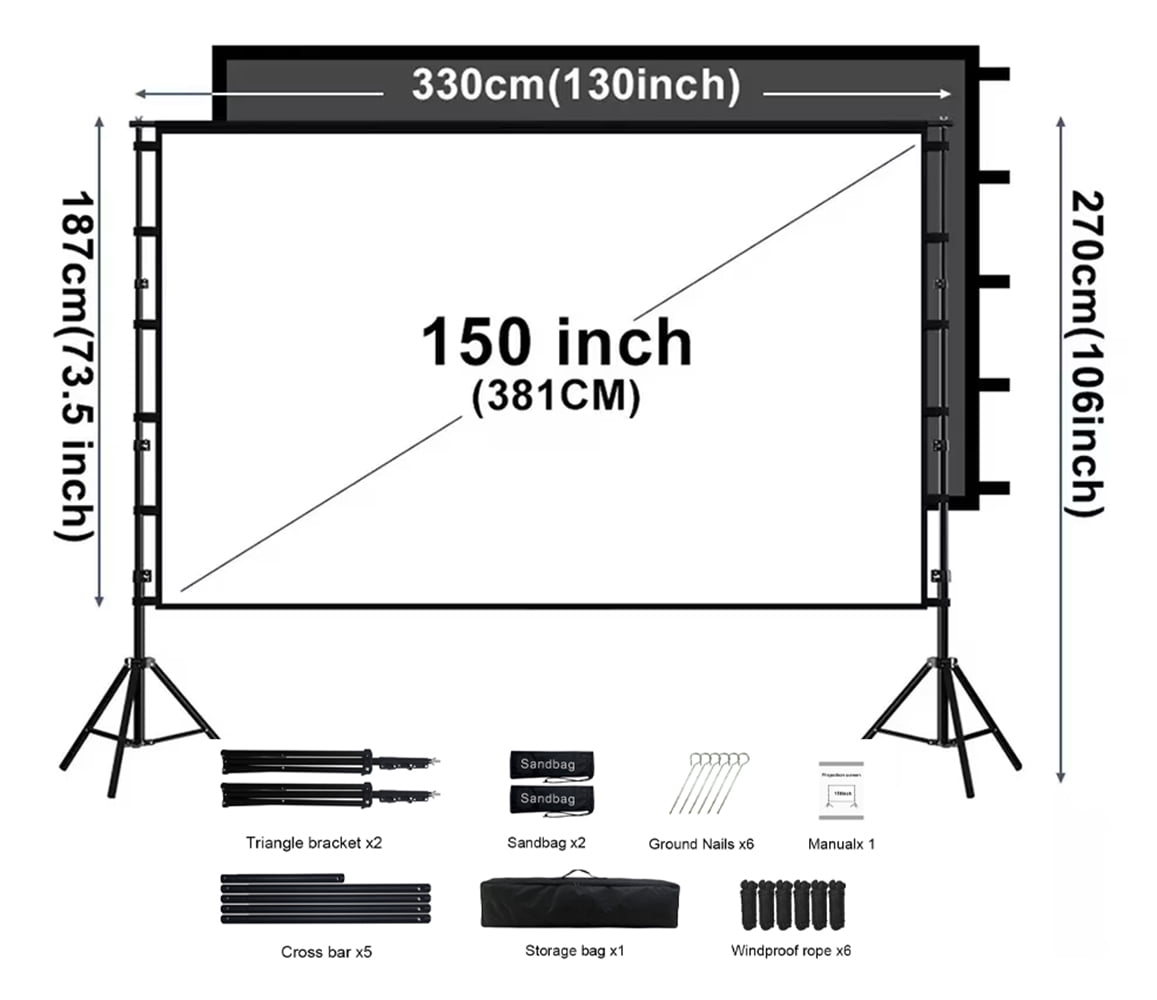 HVKDIEB 150 inch Projector Screen With Stand Soft Grey Wrinkle-Free Anti-Light 160° Viewing Angle Reflective Screen Outdoor
