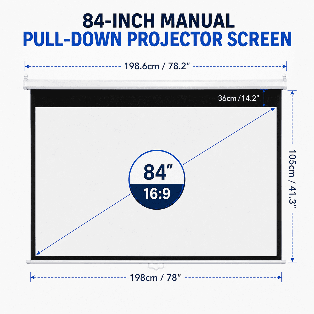 HVKDIEB Manual Pull Down Projector Screen 84 inch 16:9 Retractable Projector Screens for Movie Home Theater Cinema Office Video Game, White