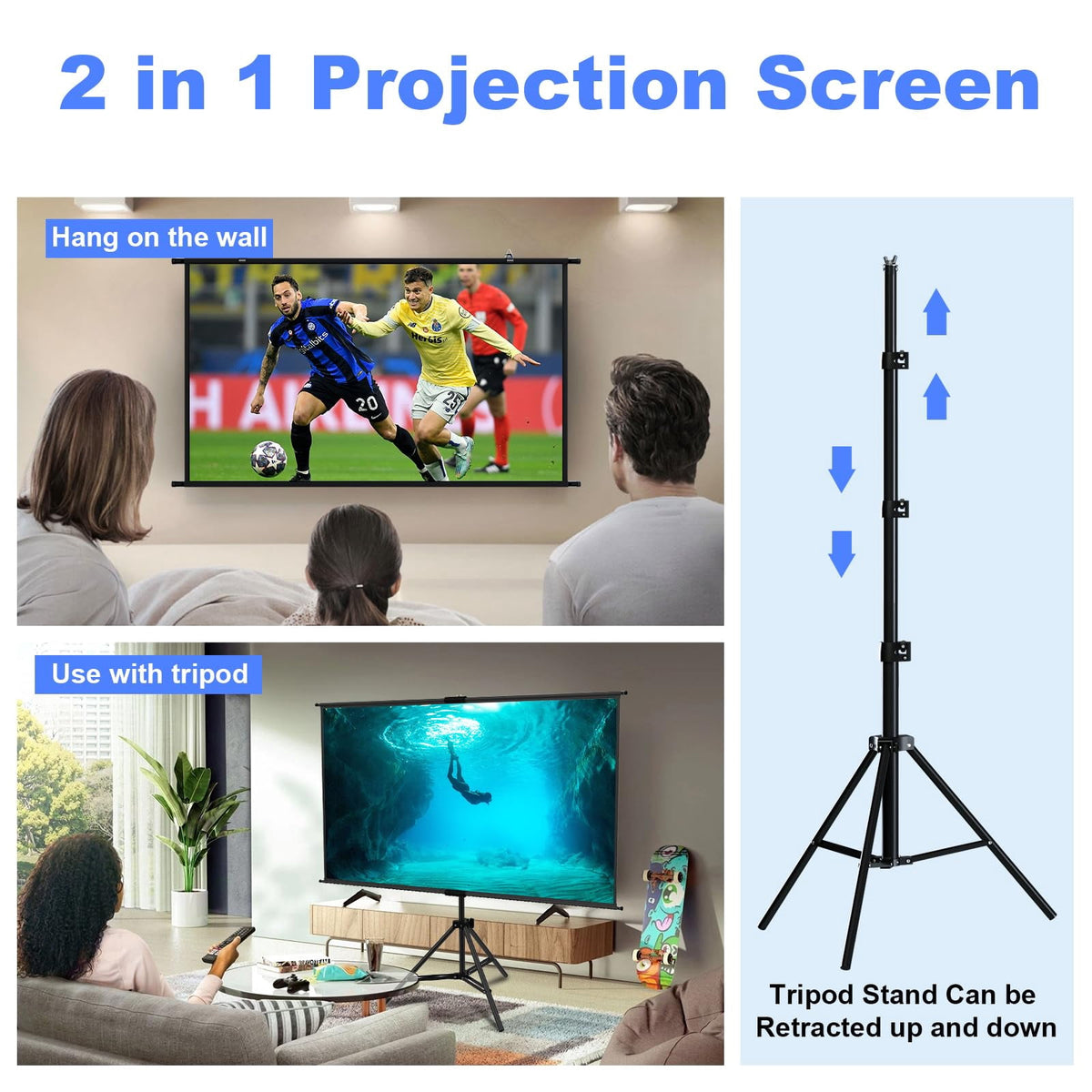 Toot shadow Portable Projector Screen Stand Tripod 100 inch,Indoor Outdoor Projection Screen with Black-Backing,16:9 HD, for Indoor and Outdoor Use, Perfect for Home, Office and Presentations