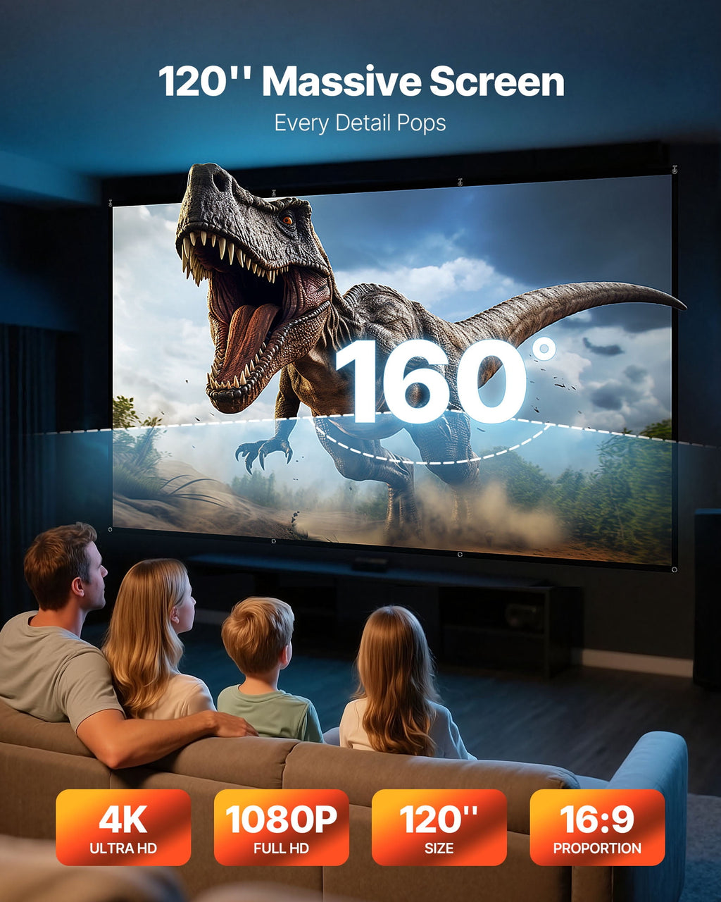 VEVOR Projector Screen, 120 inch 16:9 4K 1080 HD Projection Screen, Wall Mounted Projection Dispaly Projector with 8 Hooks and Double-Sided Tapes, Portable Moive Canvas for Family Home Office Theater