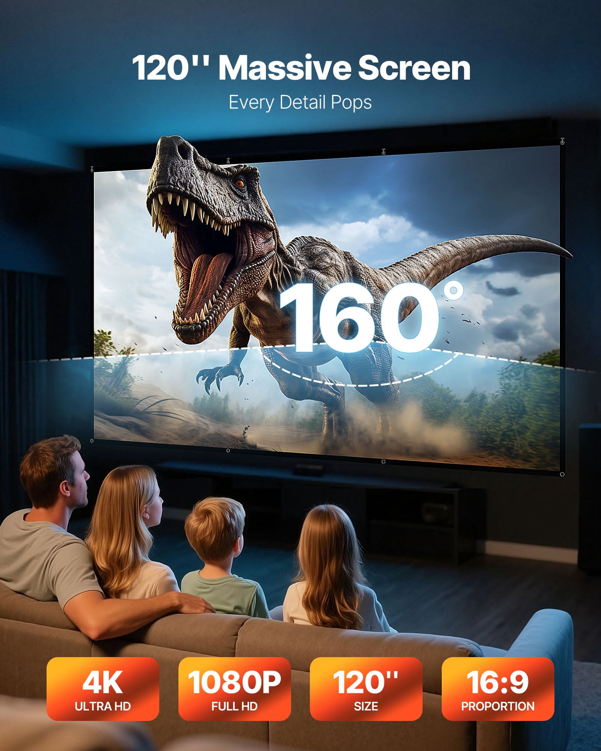 VEVOR Projector Screen, 120 inch 16:9 4K 1080 HD Projection Screen, Wall Mounted Projection Dispaly Projector with 8 Hooks and Double-Sided Tapes, Portable Moive Canvas for Family Home Office Theater
