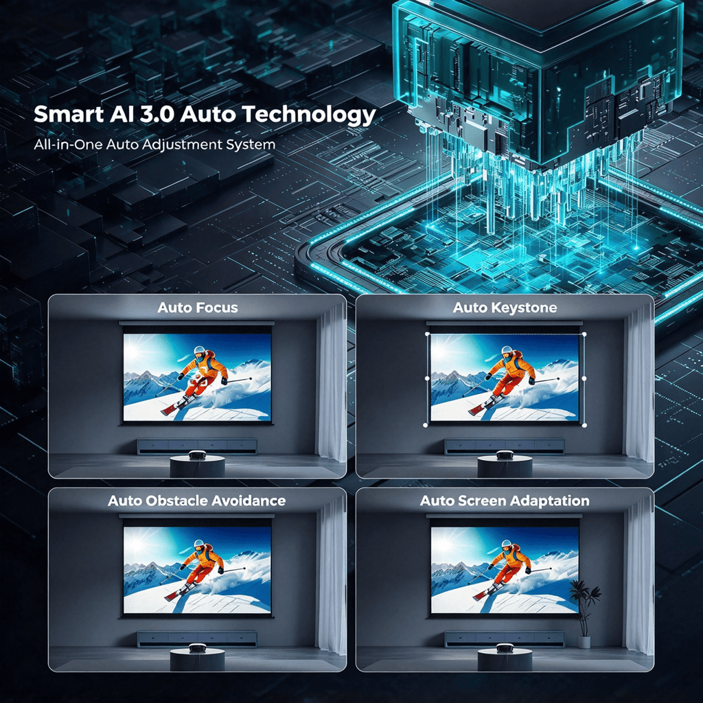 AI Smart Mini Projector with WiFi & Bluetooth, Auto Focus & Keystone FHD 4K Support Projector, Compatible with Netflix YouTube, Dolby Audio Home Theater for Outdoor Movie Night & Bedroom Cinema