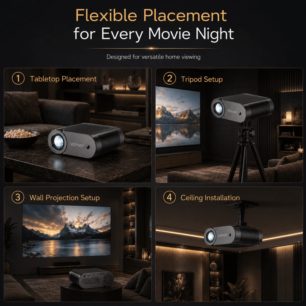 Vamvo Portable Projector with WiFi, 1080P Mini Movie Projector with 200 in Display, HDMI and USB, Built-in Speaker for Phone, Laptop, TV Stick and Game Console