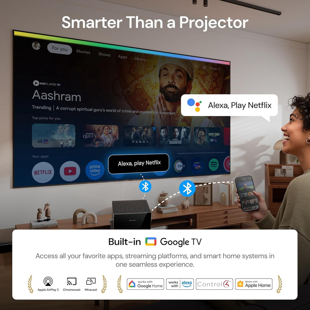 VisionMaster Max 4K Laser Projector with 150-inch Fixed Frame Projector Screen and Ceiling Mount
