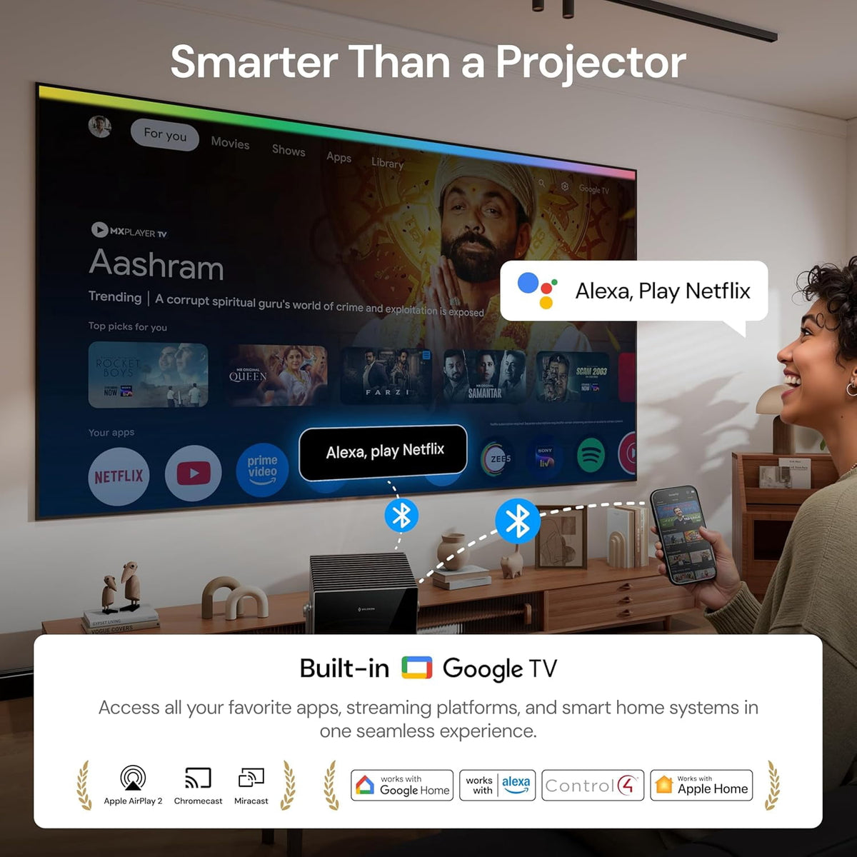 VisionMaster Max 4K Laser Projector with 150-inch Fixed Frame Projector Screen and Ceiling Mount