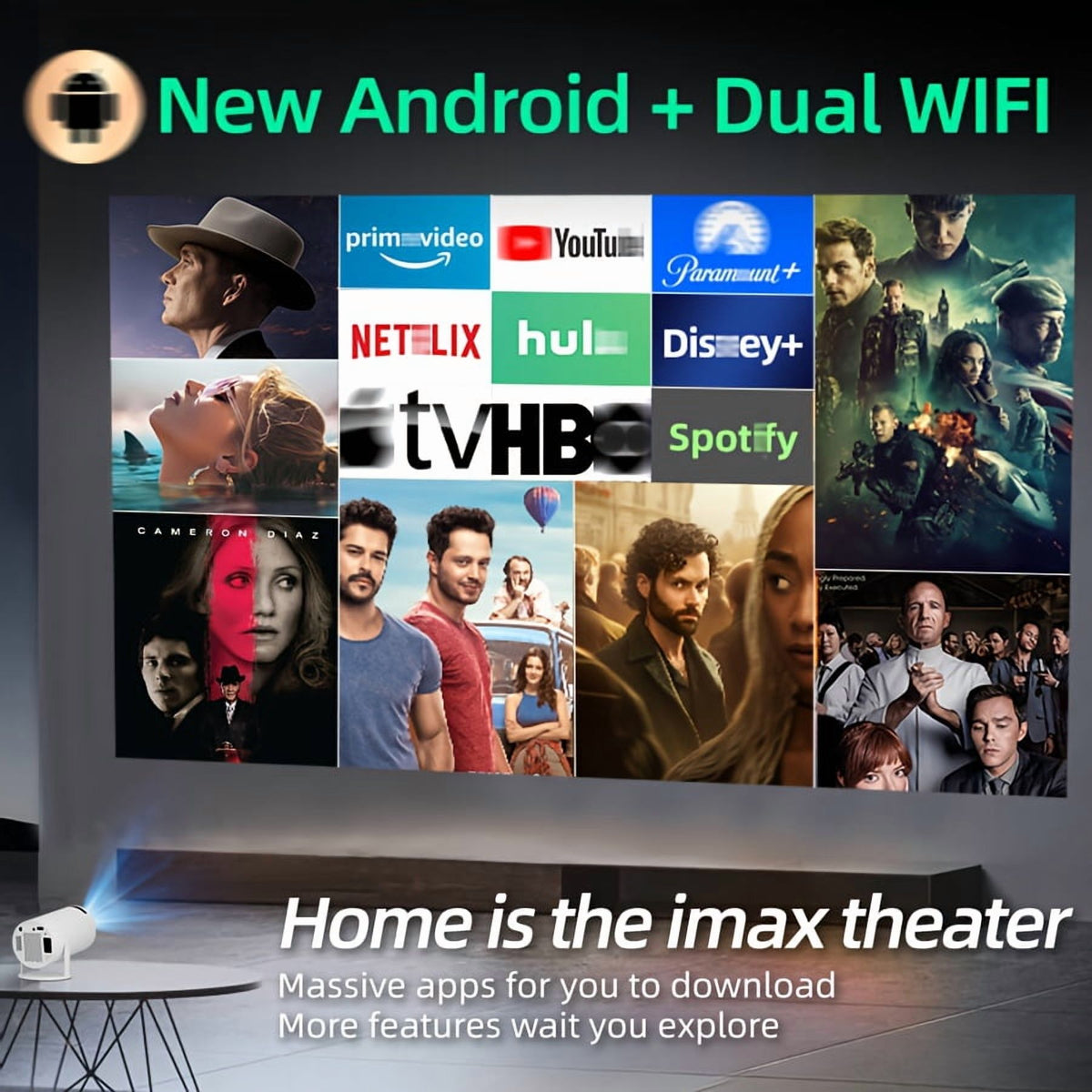 2025 Ultra HD 5G smart Projector, native 1080P Home Theater, 180° Rotation for Wall Projection, Wireless Casting from Phone/PC, for Online Class, Fitness, Office, Camping, Living & Bedroom