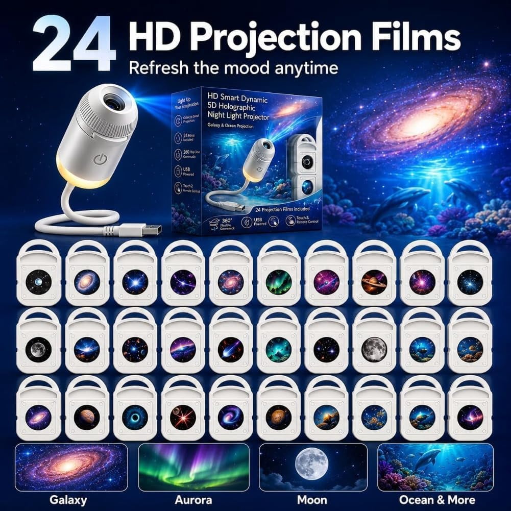 2026 Upgraded Plug and Play Hd Star Projector with 12 Films, Hd Smart Dynamic 5D Holographic Night Light Projector, 2-in-1 Galaxy Star Projector, 360 Rotating, USB Powered (with 12 Films)