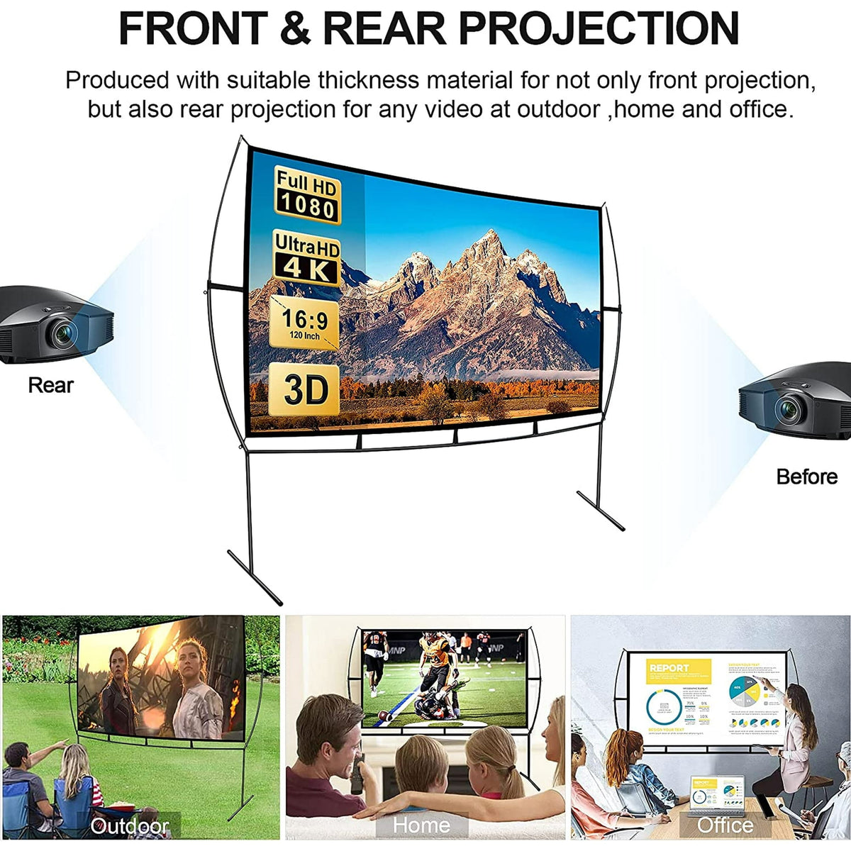Projector Screen with Stand Foldable Portable Movie Screen 120 Inch, HD 4K Double Sided Projection Screen Indoor Outdoor Projector Movies Screen for Home Theater,16:9