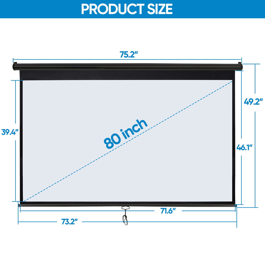 ZENY 80'' 16:9 HD Manual Pull Down Projector Screen Anti-Crease Foldable Portable Projection Screen for Home Theater Cinema Office, White