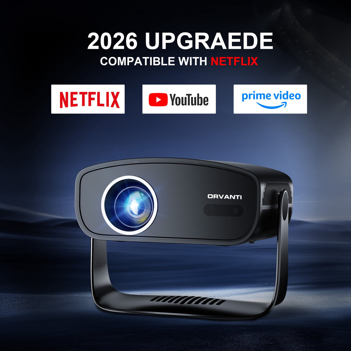 ORVANTI Smart Projector with 4K Support, 1080P Native, 150000 Lumens, Built-in Streaming Apps, Auto Focus & Keystone, Home Theater Projector, Outdoor Projector with 360° Stand