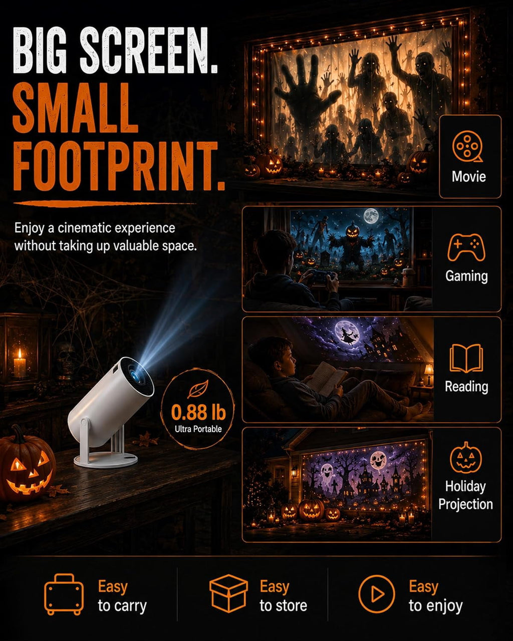 Hcppkzl Halloween Window Projector, 4k Smart Dual-Band Wifi, Scary Hologram Projection Effects, White