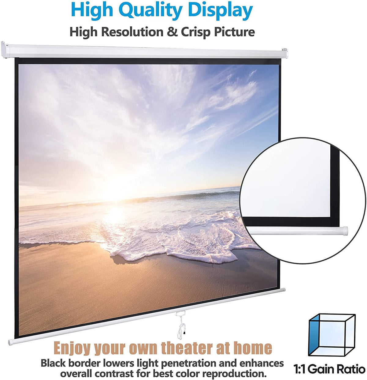 80'' 16:9 HD Projection Screen Foldable Anti-Crease Portable Projector Movie Screen Manual Pull Down for Home Theater Presentation Education Outdoor Indoor Public Display, Black