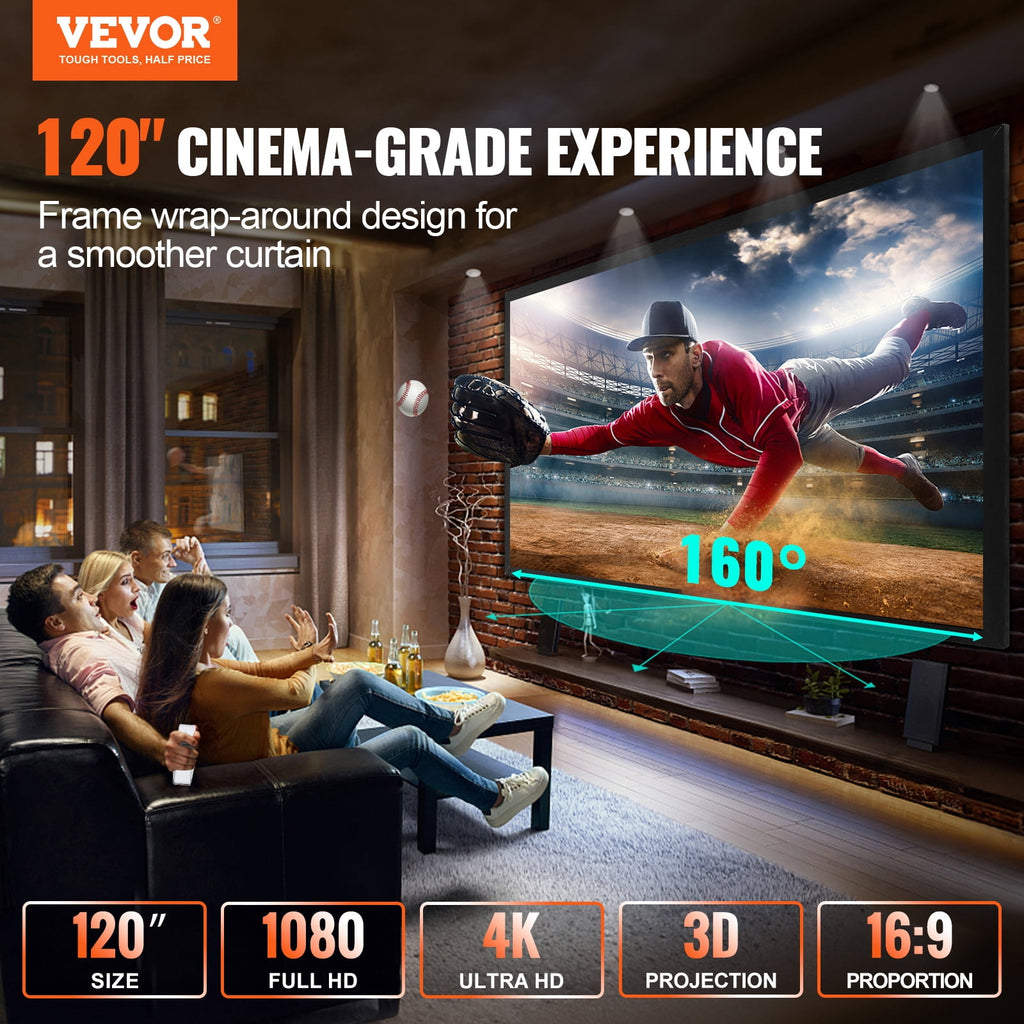 VEVOR 120" 16:9 Projector Screen Fixed Frame 4K HDTV Movie Theater 3D