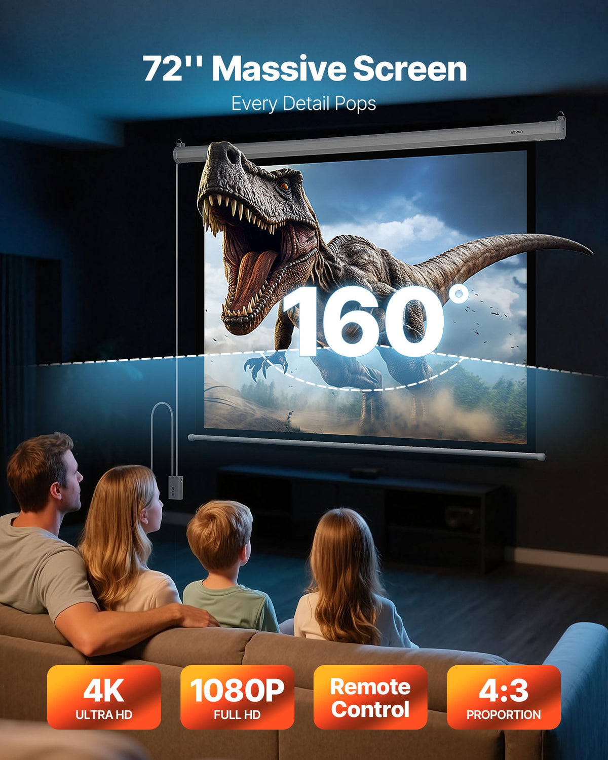 VEVOR Motorized Projector Screen, 72 inch 4:3 1080 HD Electric Projection Screen, Wall Mounted Projection Dispaly Projector with Remote Control, Automatic Movie Screen for Family Home Office Theater