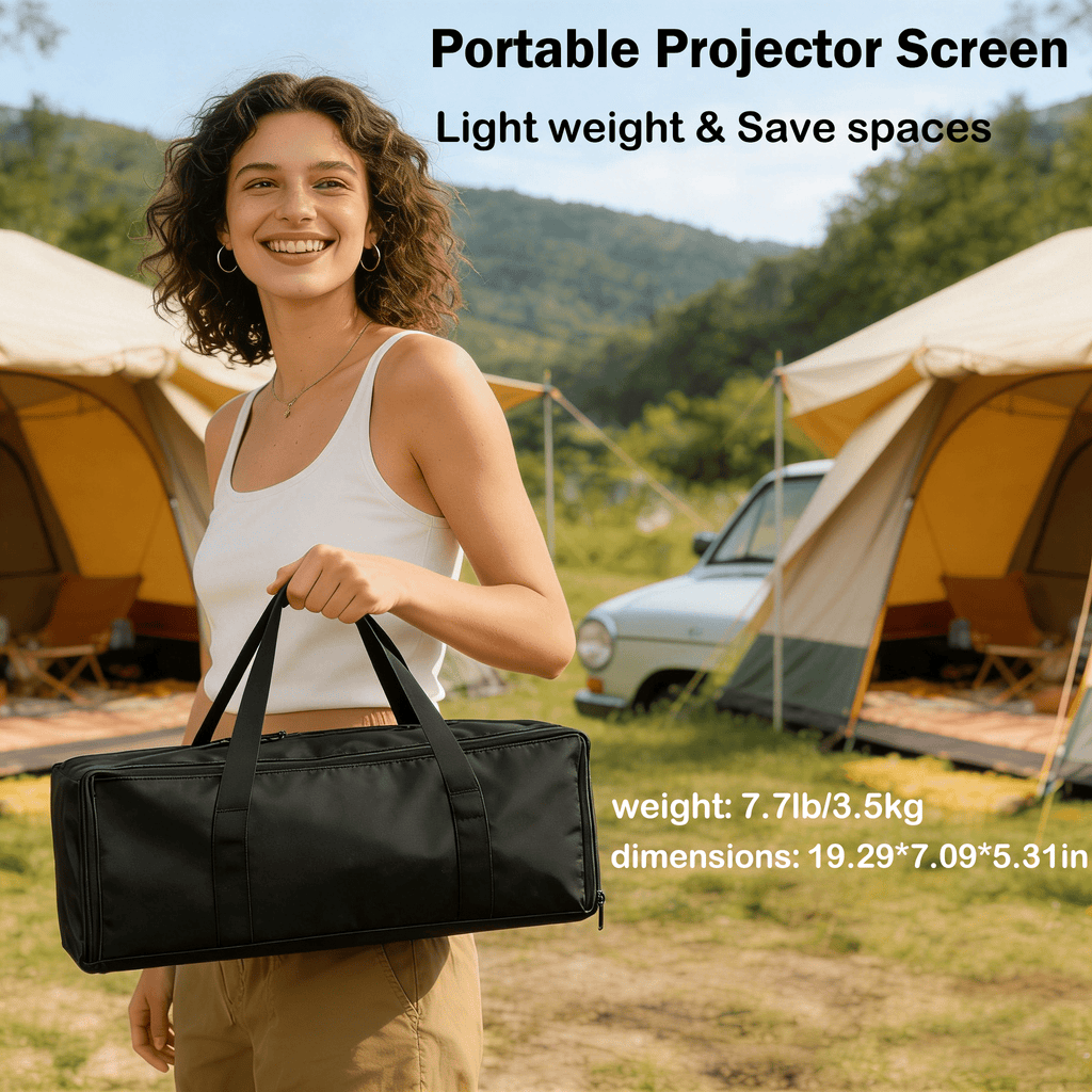 TIKBBRMG Projector Screen with Stand, 120inch Portable Outdoor Indoor Projection Screen, 16:9 4K HD Movie Screen with Carry Bag, Ropes and Ground Stakes for Backyard, Camping, Theater