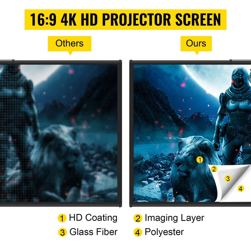 60-inch Tripod Projector Screen,16:9 aspect ratio,4K HD,wrinkle-free,adjustable height,ideal for indoor outdoor movies,gaming,presentations.
