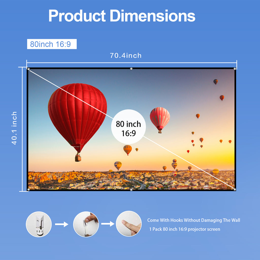 80-inch Portable HD Projector Screen 16:9 Projection Screen Foldable Durable Wall Mounted for Outdoor Movies Home Theater Office