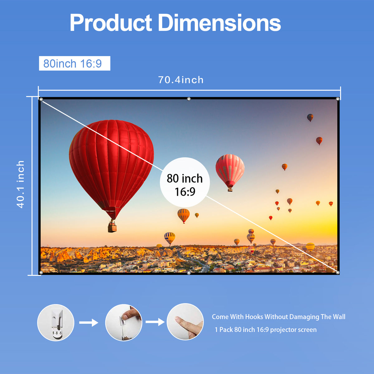 80-inch Portable HD Projector Screen 16:9 Projection Screen Foldable Durable Wall Mounted for Outdoor Movies Home Theater Office