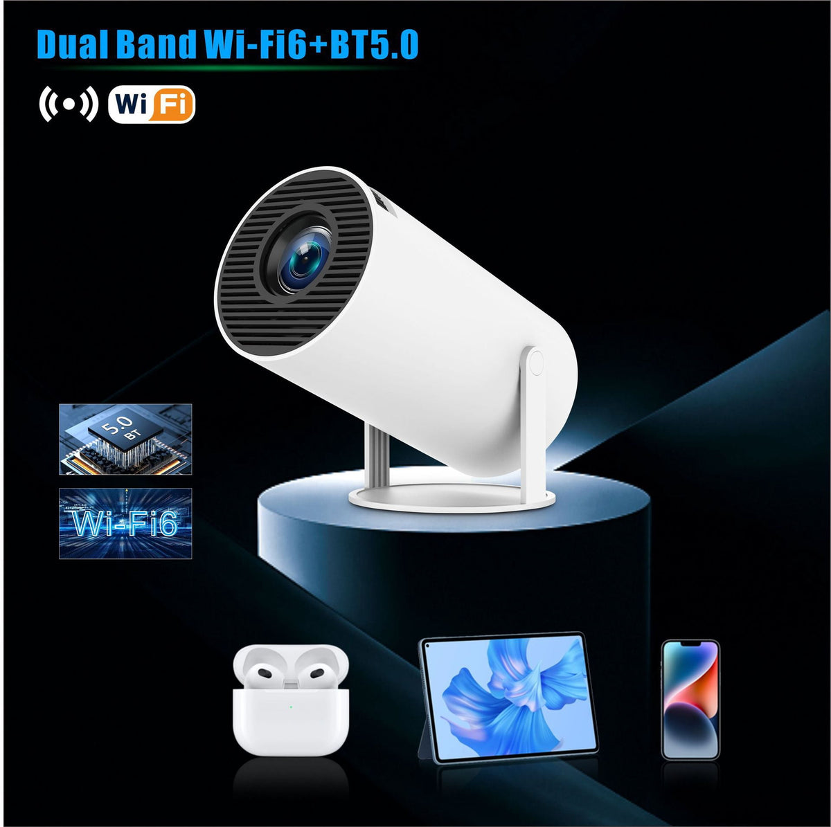 Mini Projector 4K Support with WiFi 6 & BT 5.4 290 ANSI Brightness, Auto Keystone, 180 Degree Rotation, Portable Projector for Home Theater & Outdoor Movies HY300Pro