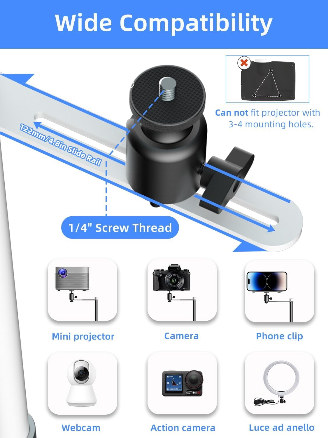 Projector Stand Against Wall Hidden Stand, 360°Swivel, Height Adjustable, Mini Projector Mount Bracket,